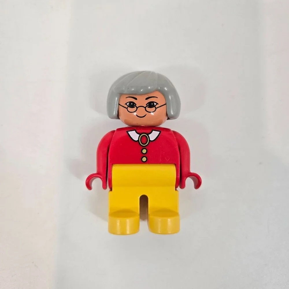 Vintage Lego Duplo Asian Grandma Figure Gray Hair Glasses Red Shirt Brooch 90s